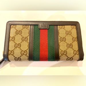 Gucci Web Canvas Continental Zip Around Wallet